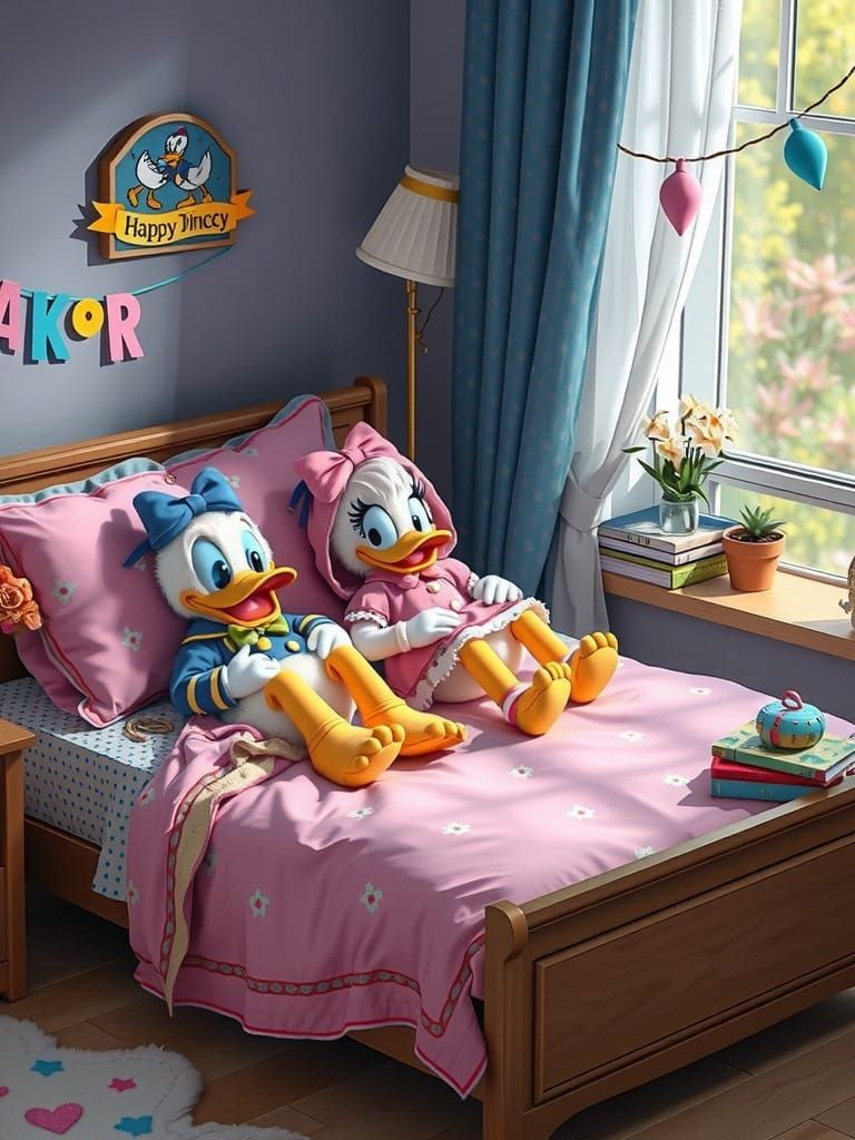 Donald Duck and Daisy Duck laying on a bed relaxing
