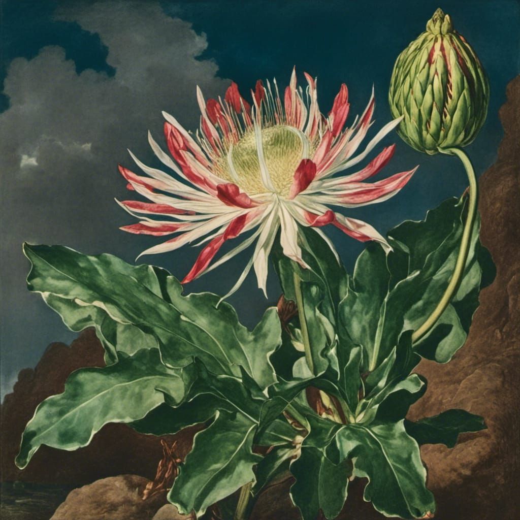 Night-Blooming Cereus Against Dark Blue Sky
