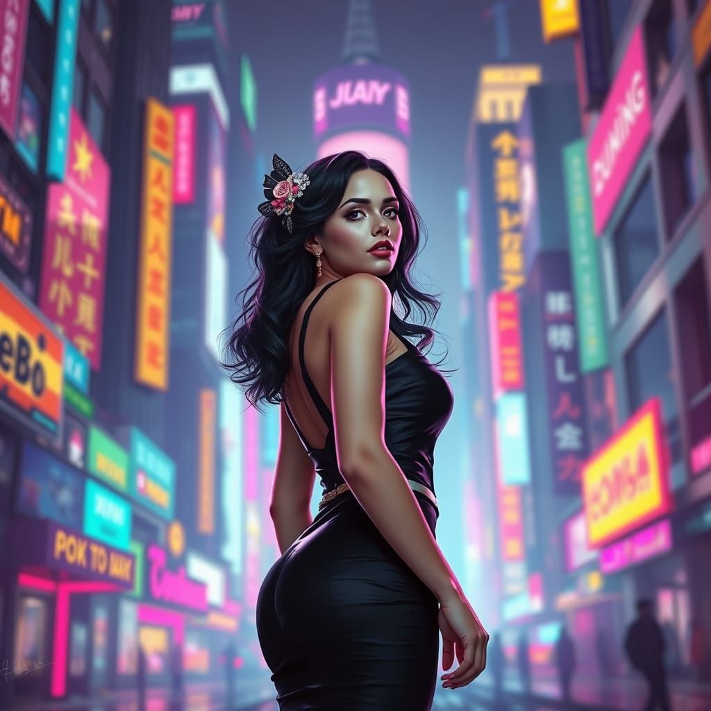 Elegant Woman in Vibrant Cityscape: A Digital Art Fusion