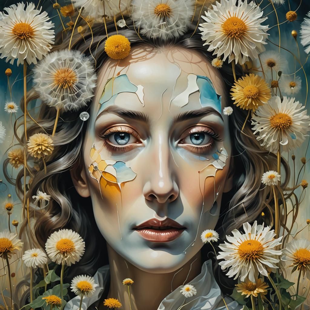 Ghostly Woman in Surreal Dandelion Dreamscape