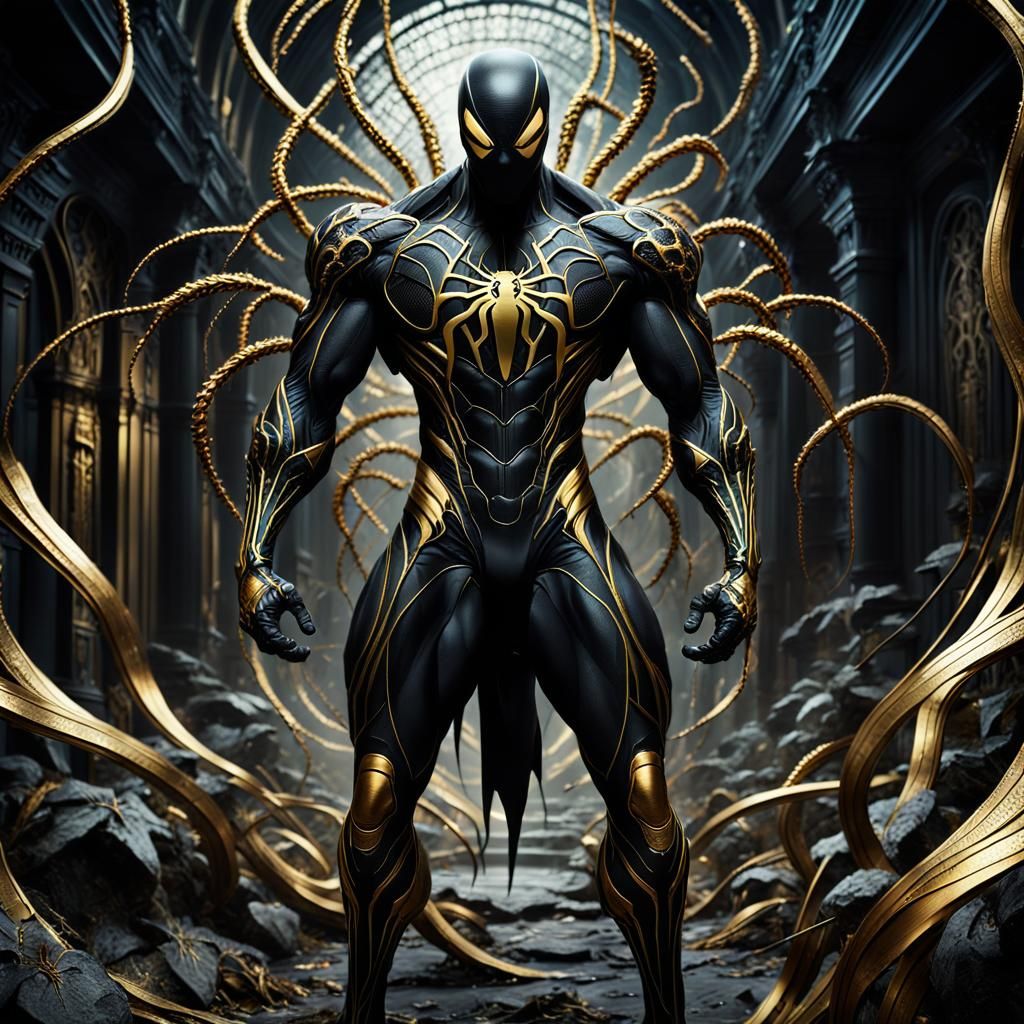 Muscular Figure in Black and Gold Symbiont Suit