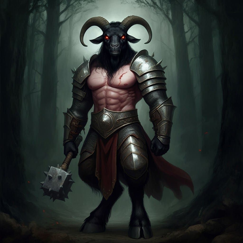 Dark Fantasy Goat Warrior in Forest Armor