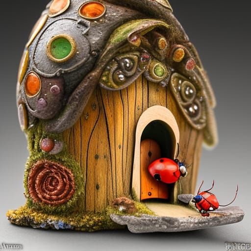 Ladybug in Fairy House, Miniature Macro Photograph