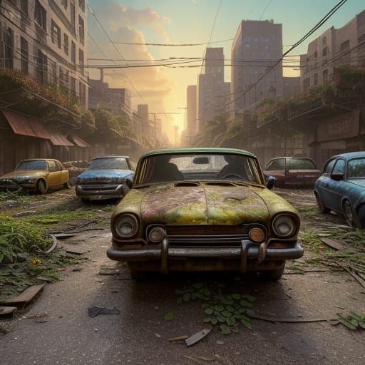 Animals in Abandoned City: Vibrant Oil Painting