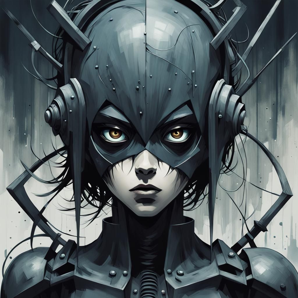 art style of Kazuma Kaneko, Megami Tensei, surreal, abstract, dark themes, stark contrast, clean lines, cool tones, post...