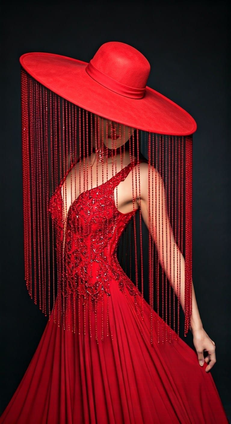 Woman in Red Dress and Hat in Dance Pose