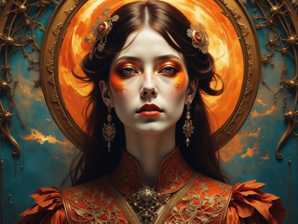 Woman Gazing at Fiery Sky in a Realism Style