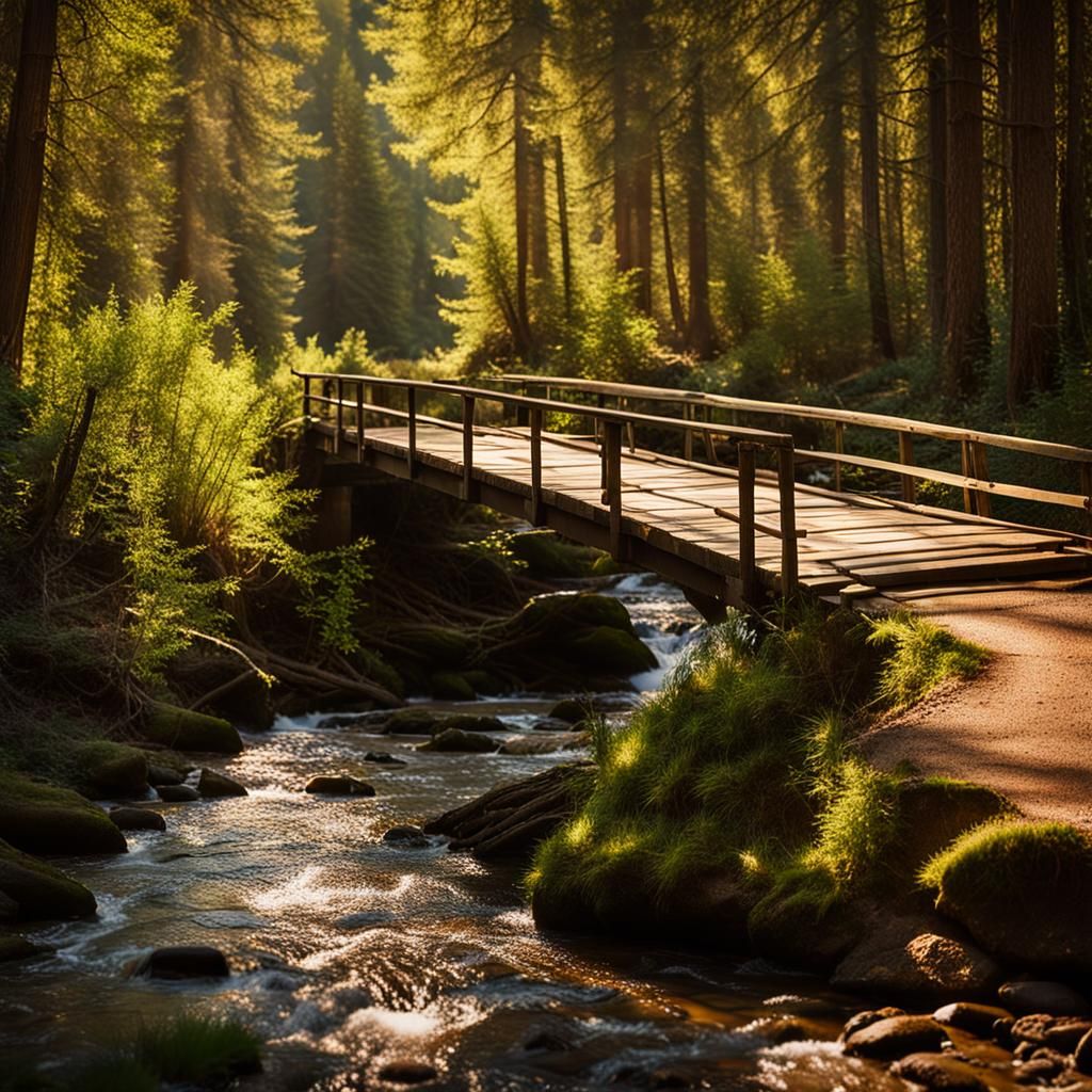 Sun-Dappled Bridge in Quaint Woodland Scene
