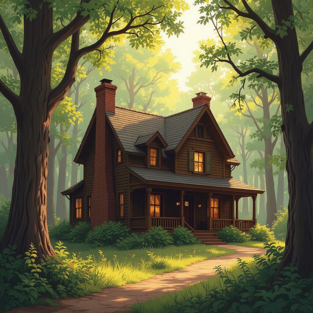 Cozy Forest House with Trees in Digital Art Style
