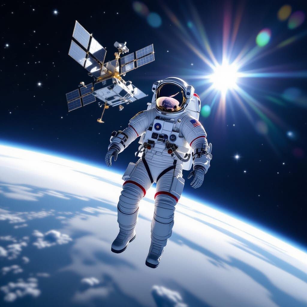 Astronaut Floats Beside ISS, Earth Below, Hyperrealistic Sty...
