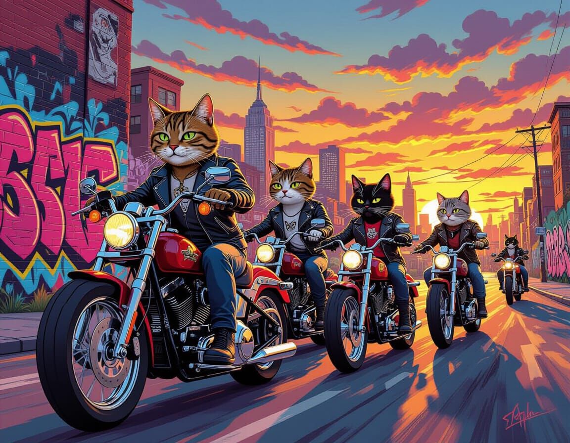 Afrocentric Cat Family Rides Motorcycles in Graffiti City