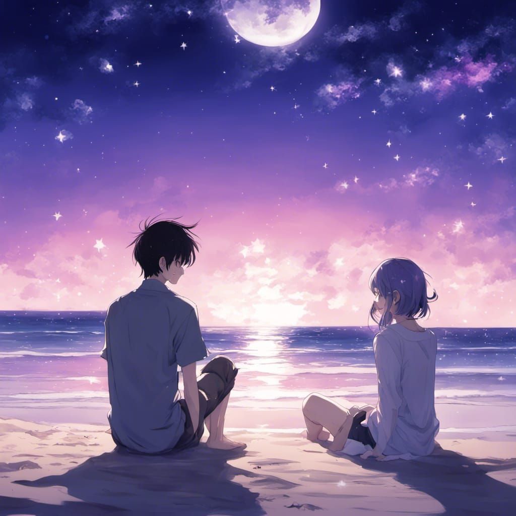 Anime Couple Under Moonlight on Beach