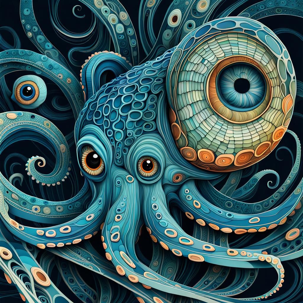 Cute Baby Octopus in 3D Continuous Line Art