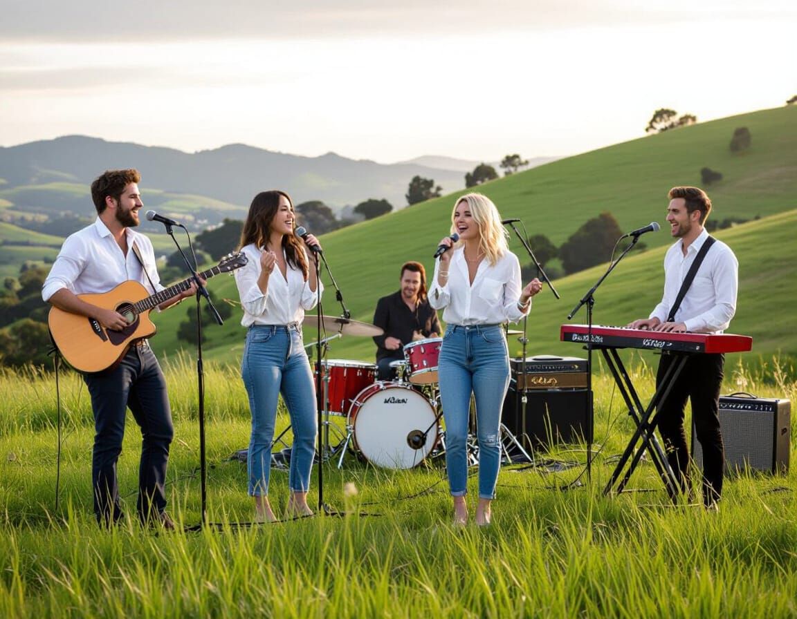 Band on Green Hill in Surreal Pop Art Style