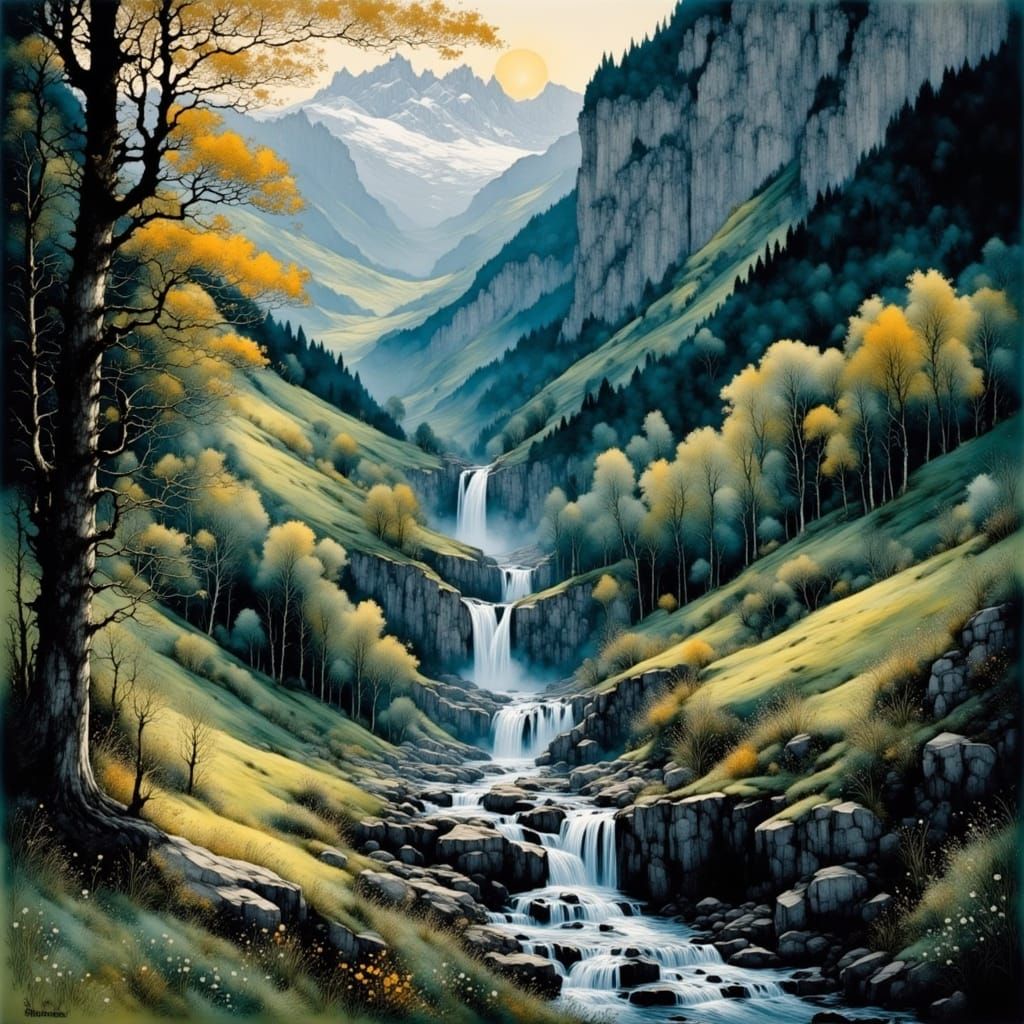 Evening Falls in Bernese Oberland Gorge, Meticulously Detail...