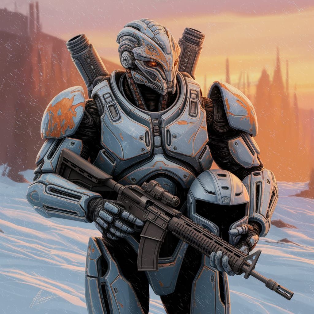 Vibrant Gaucho-Style Geth Warrior in Snowy Sunset Landscape
