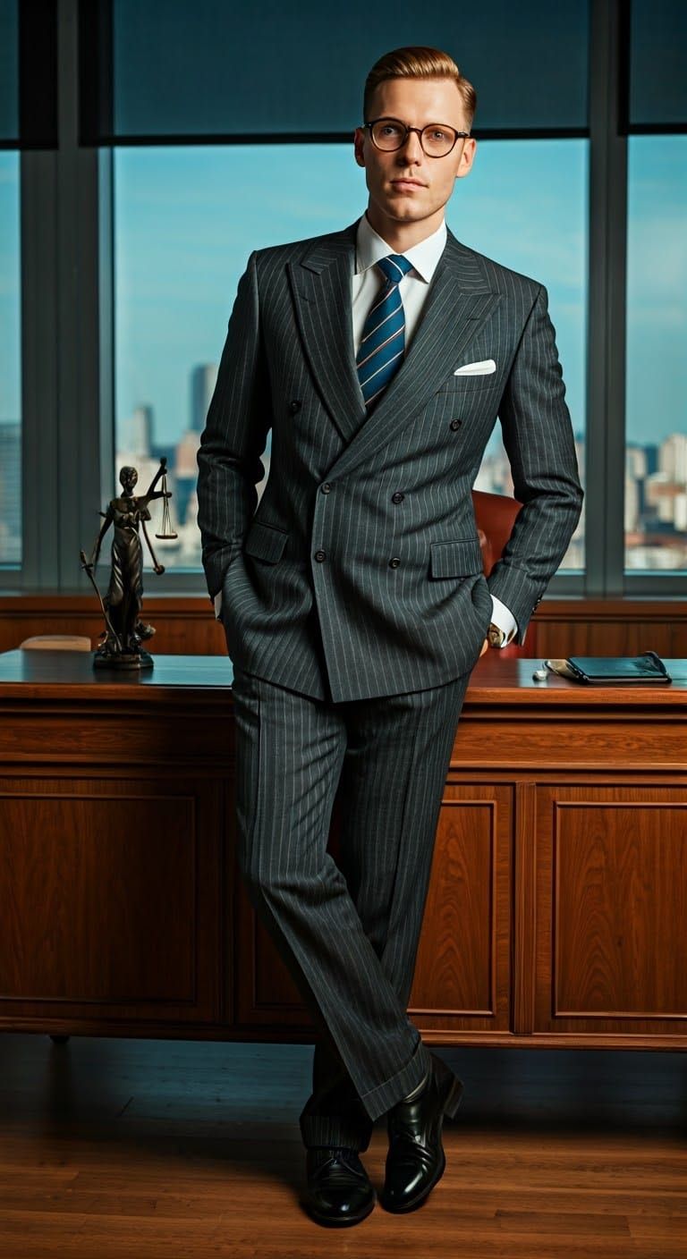 Dignified Lawyer Exudes Confidence in Mid-Century Office
