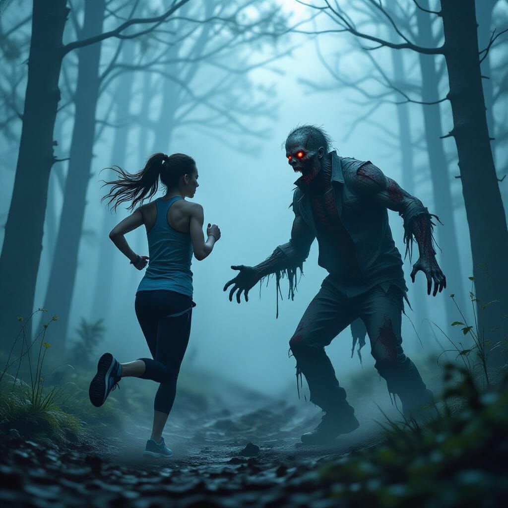 Zombie Confronts Jogger in Dark Romantic Woods