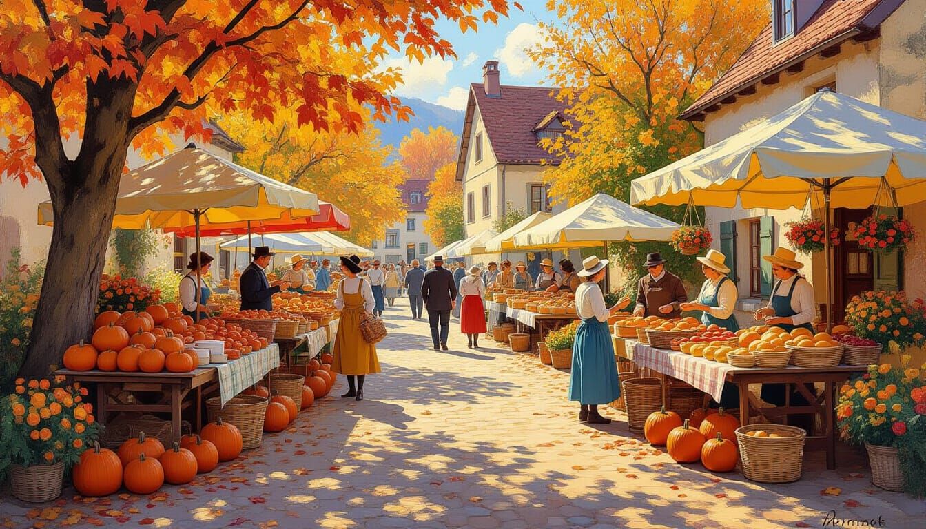 Joyful Autumn Village Festival in Impressionist Style