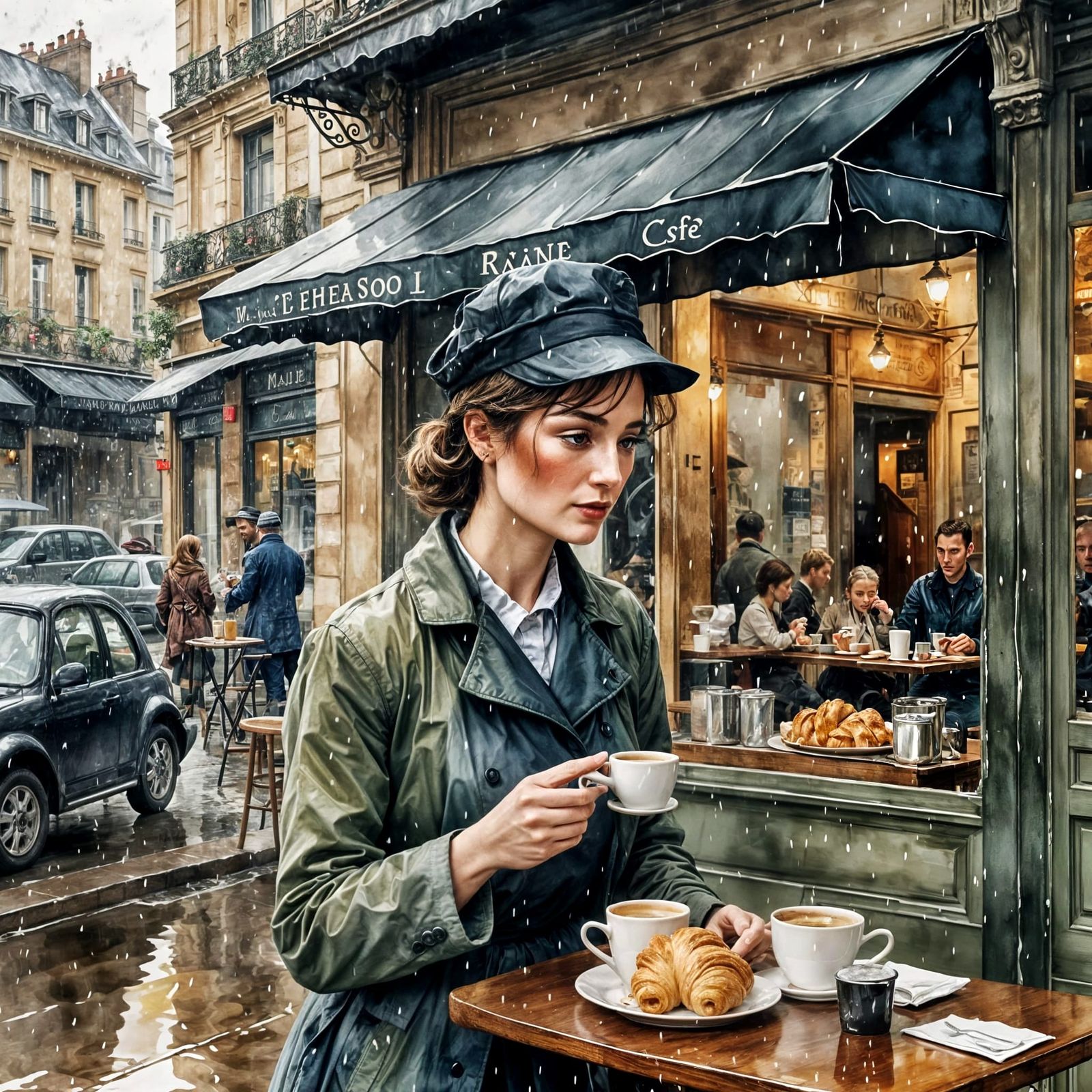 Parisian Cafe Scene in Heavy Rain