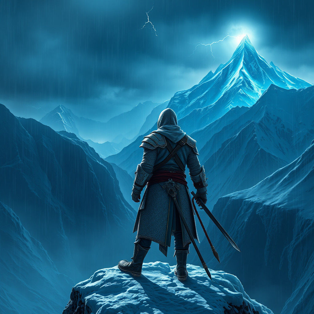Snow Warrior in Stormy Landscape: Cinematic Matte Painting