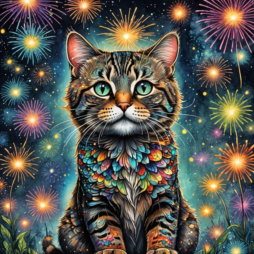 Tabby Cat Watches Fireworks in Watercolor Ink Sketch