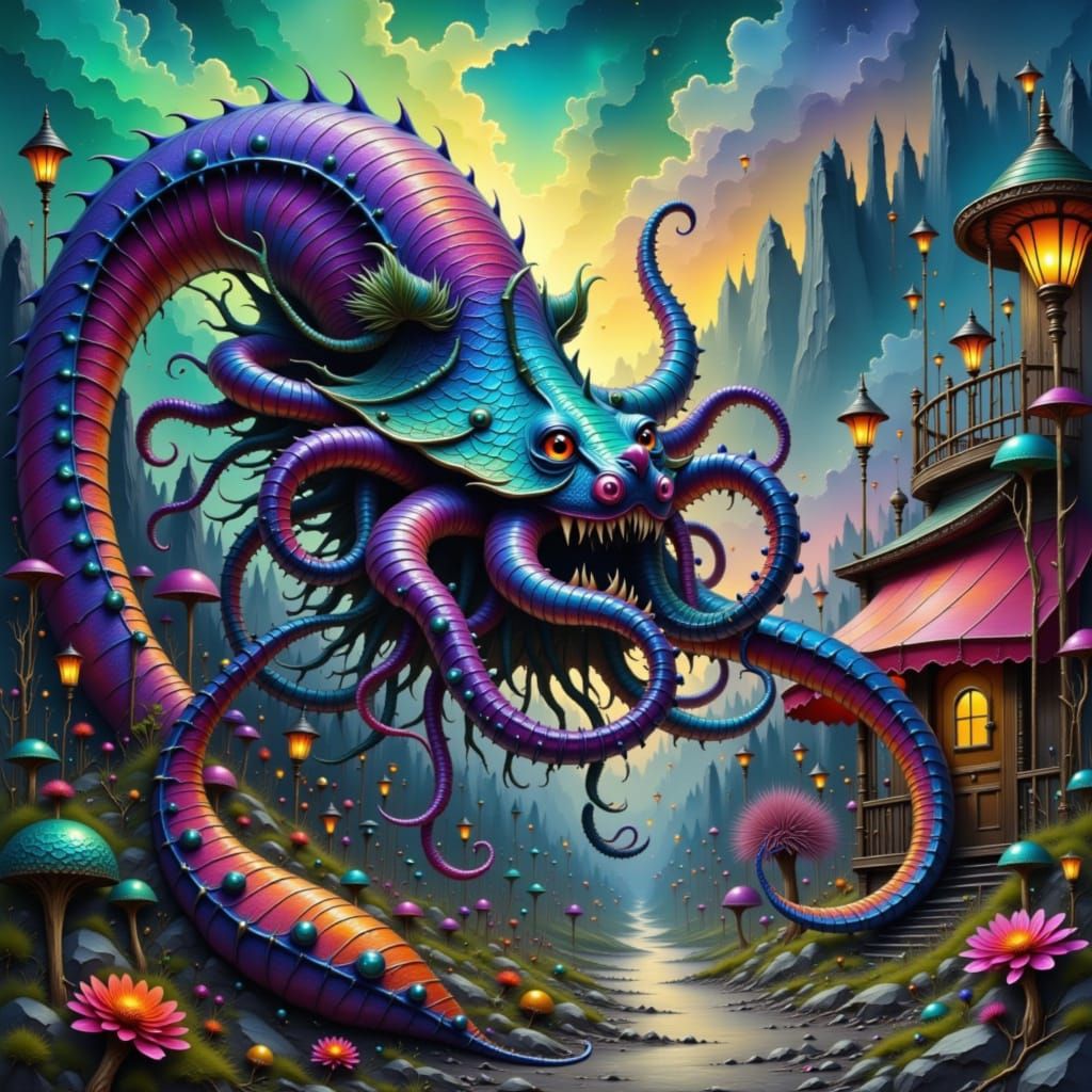 Mystical Octopi-Dragon Hybrid in Abandoned Carnival