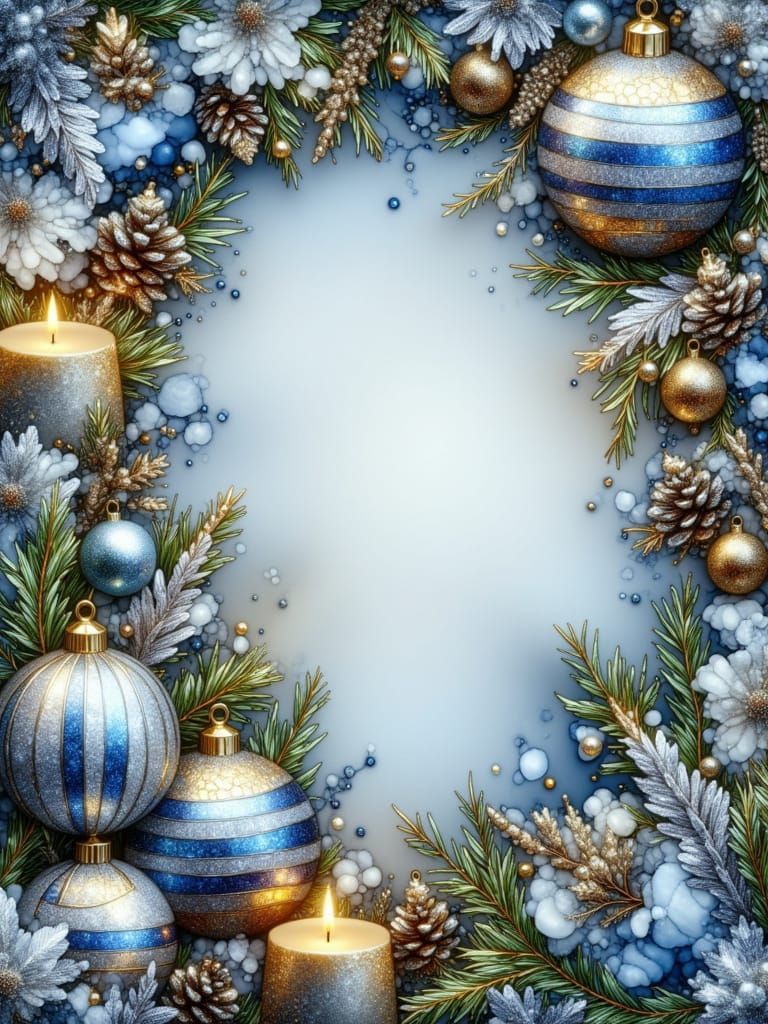 Sparkling Christmas Frame with Glittery Ornaments and Candle...