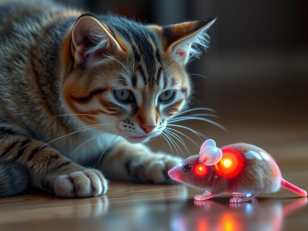 Real Cat Interacts with Holographic Mouse