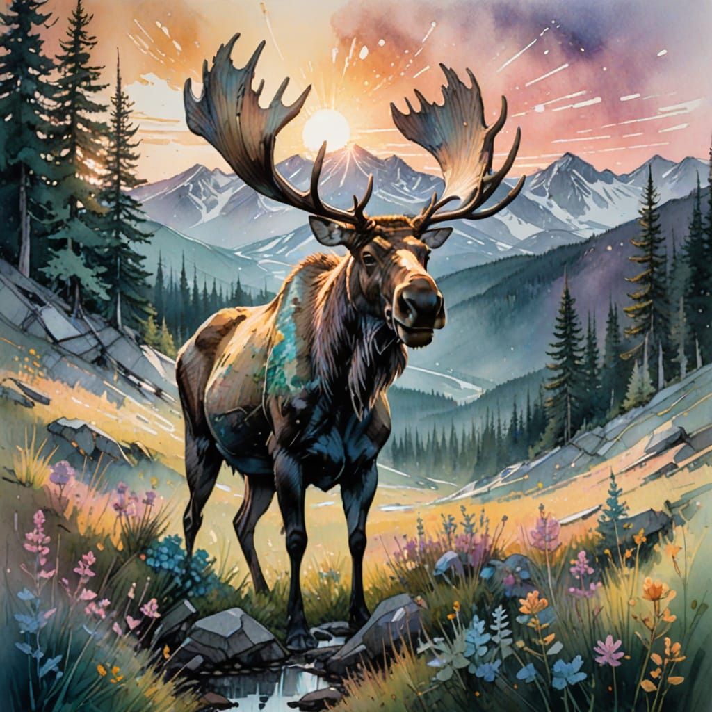 Surreal Alpine Sunrise in Watercolour Style