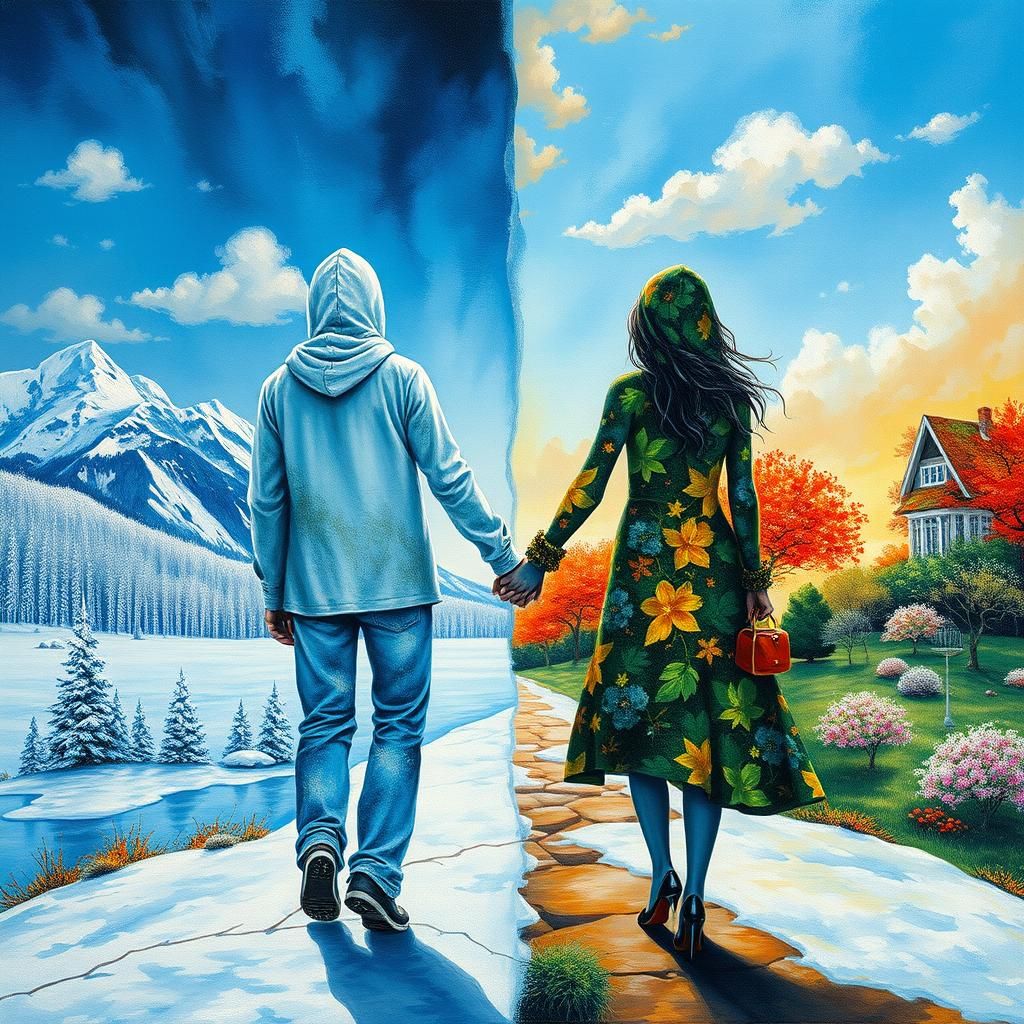 Lovers in Seasonal Realms as Surreal Digital Art