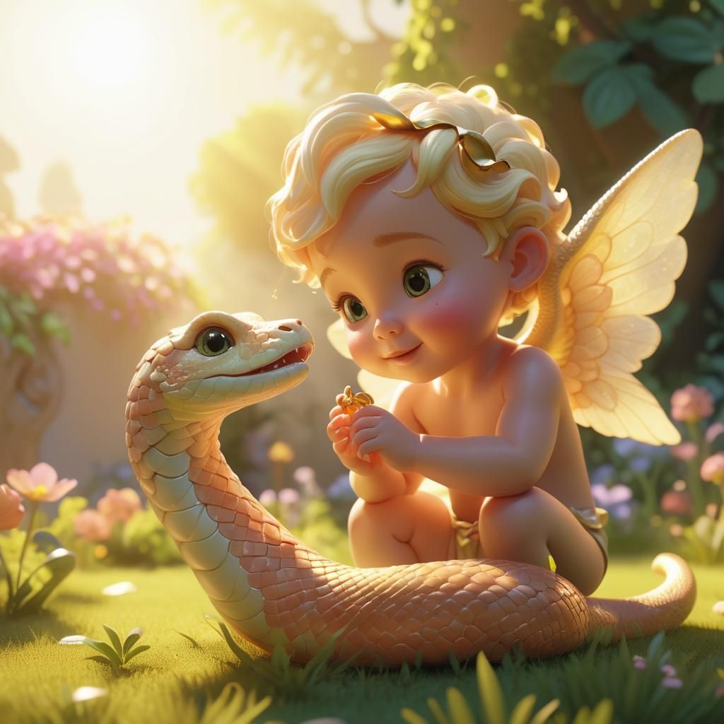 Toddler Cherub and Serpent in Sunlit Garden