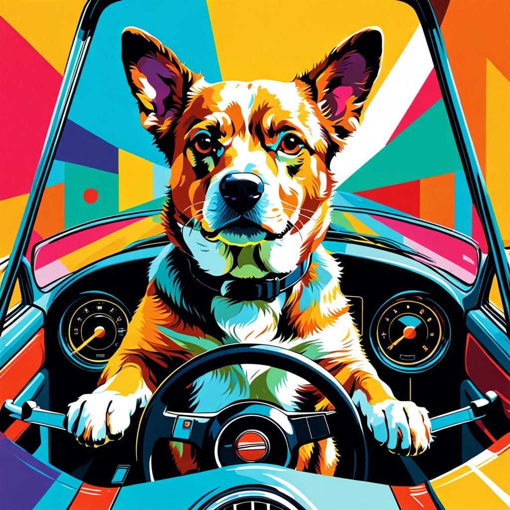 Dog Driving Car in Pop Art Style