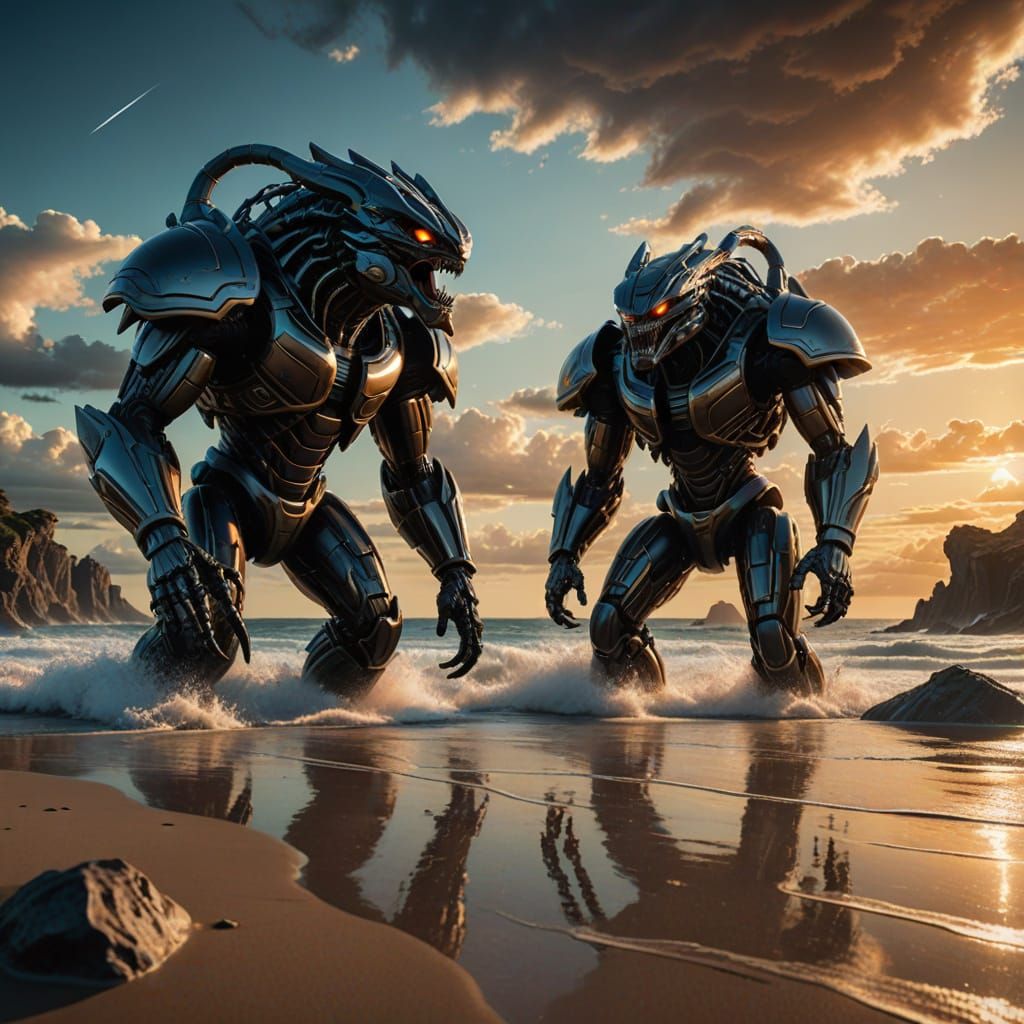 Hyper-Realistic 3D Godzillas Chasing in Dreamlike Beachscape