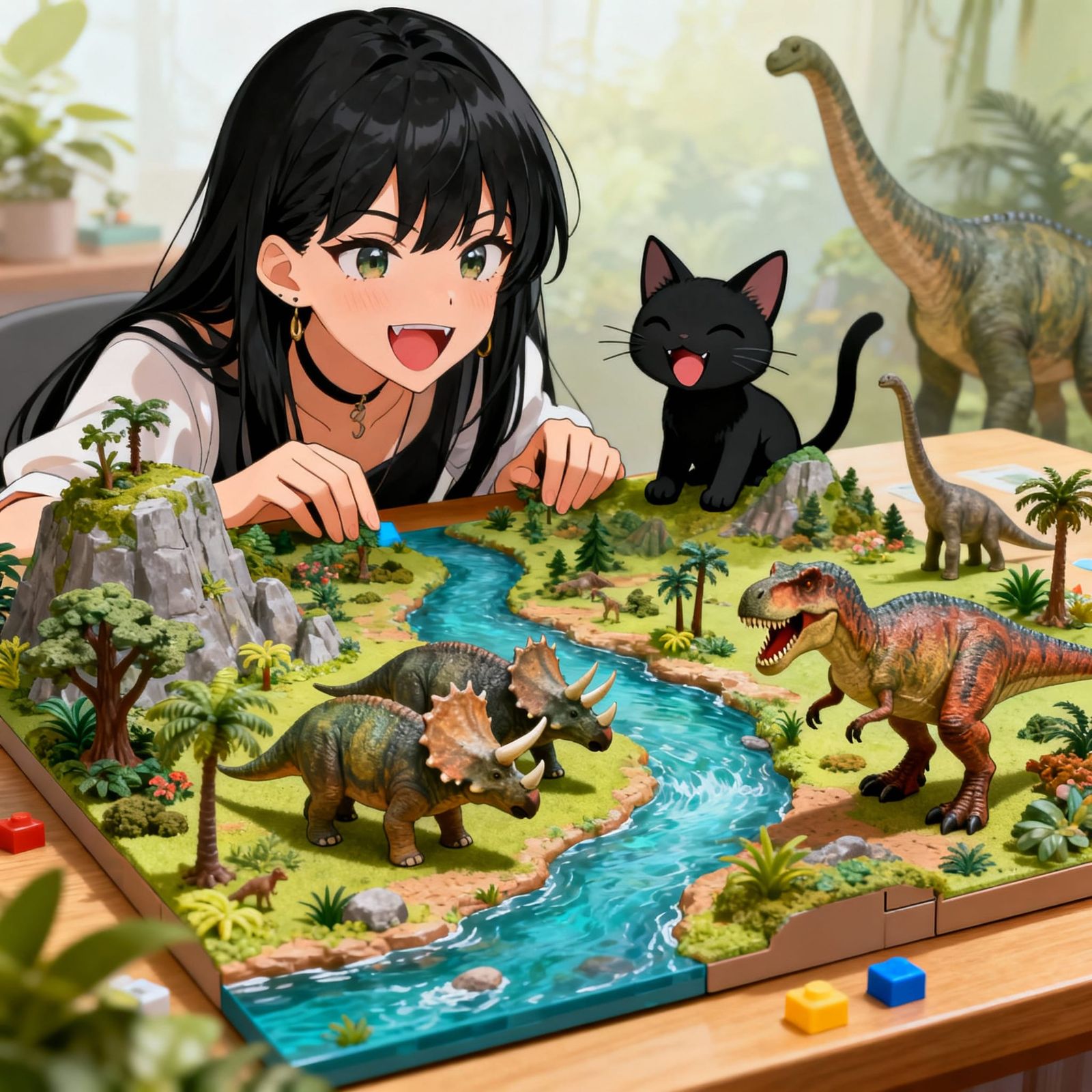 Woman and Cat Play with Miniature Dinosaur Jungle