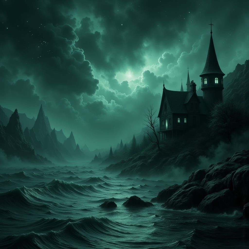 Haunted Village by the Sea at Night in Storm