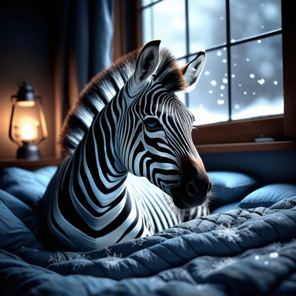 Hyper-Realistic Zebra Portrait in Winter Wonderland