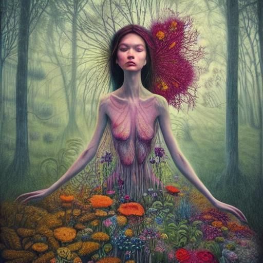 Woman with Narcotic Flower in Etching Style