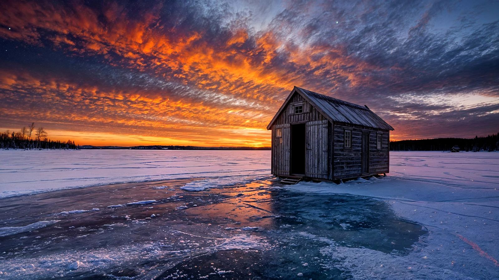 Rustic Ice Fishing Shack at Vibrant Sunset