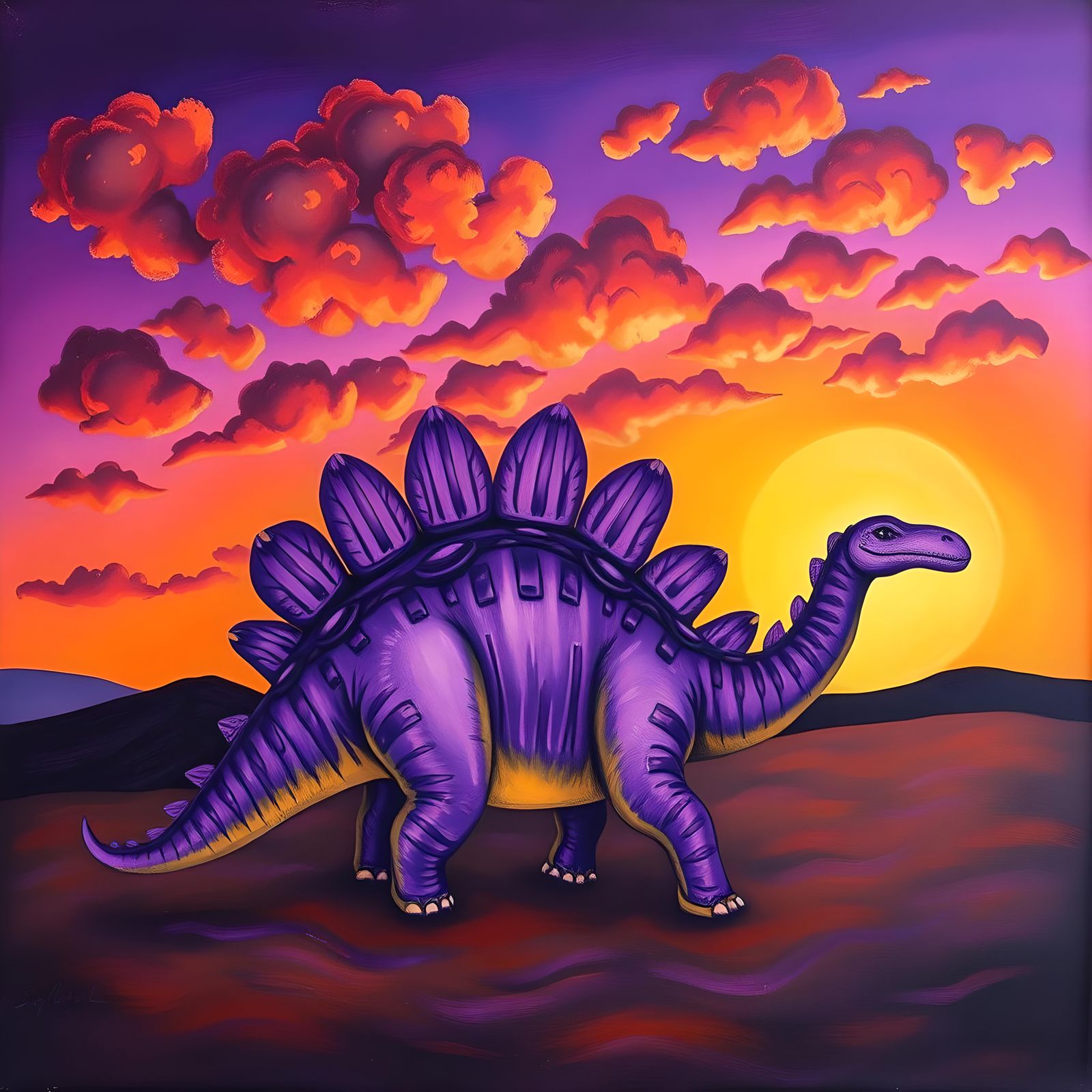 Purple Stegosaurus and Orange Sunset in Surreal Style