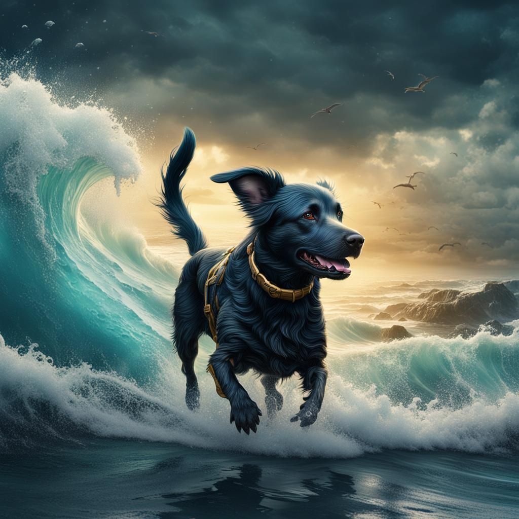 Dog in Ocean Waves: Detailed Fantasy Concept Art