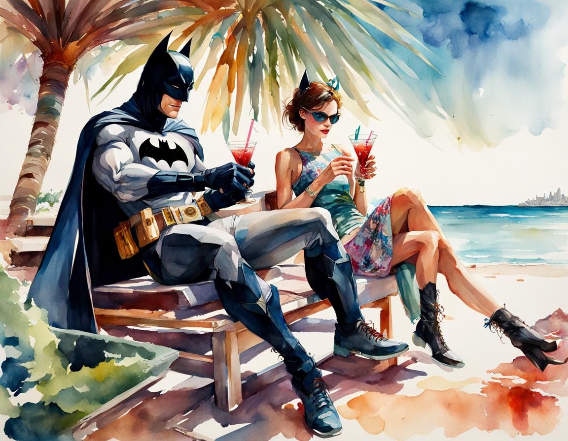 Batman and Catwoman on Vacation, sunbathing, smiling and dri...