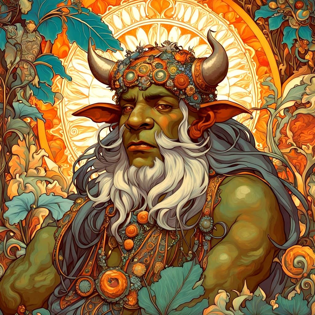 Ork Prince in Psychedelic Meadow with Art Nouveau Adornments