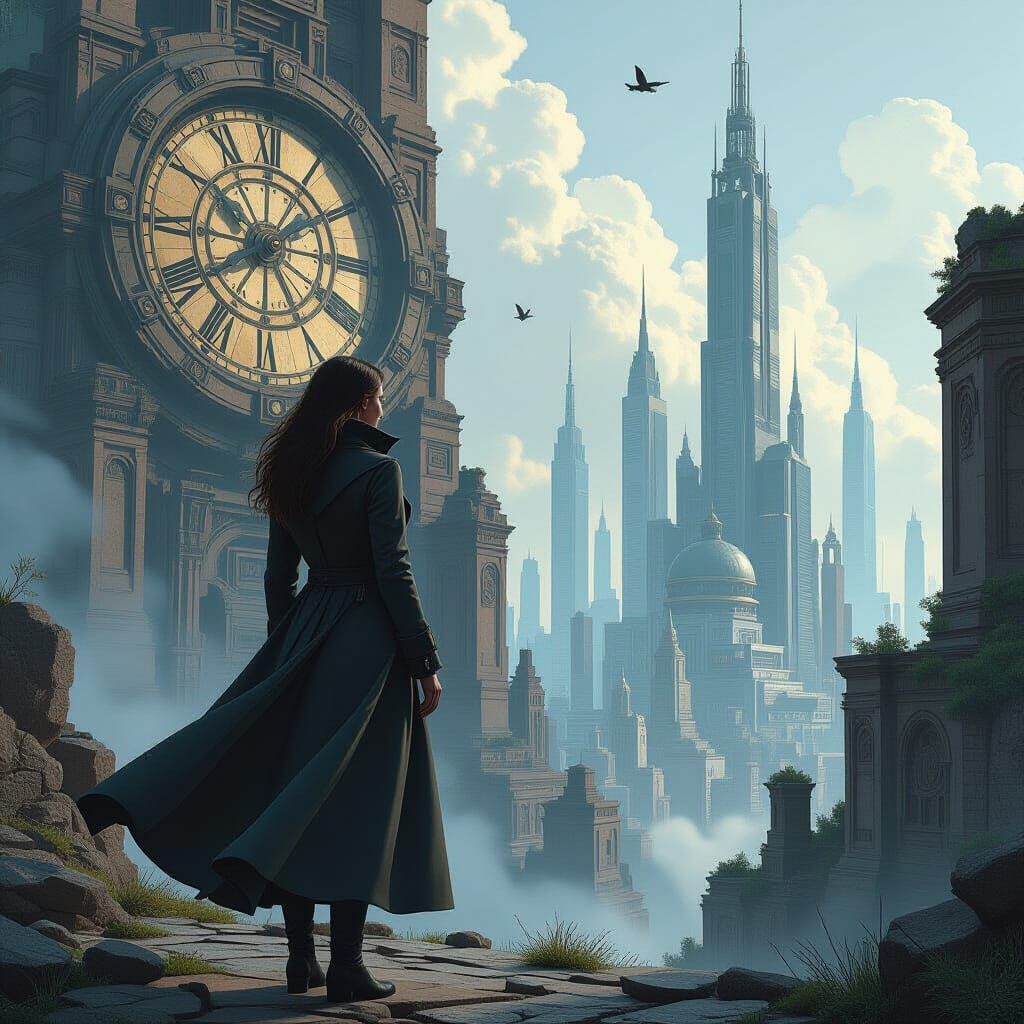 Woman at Clockwork City Edge in Comic Book Style