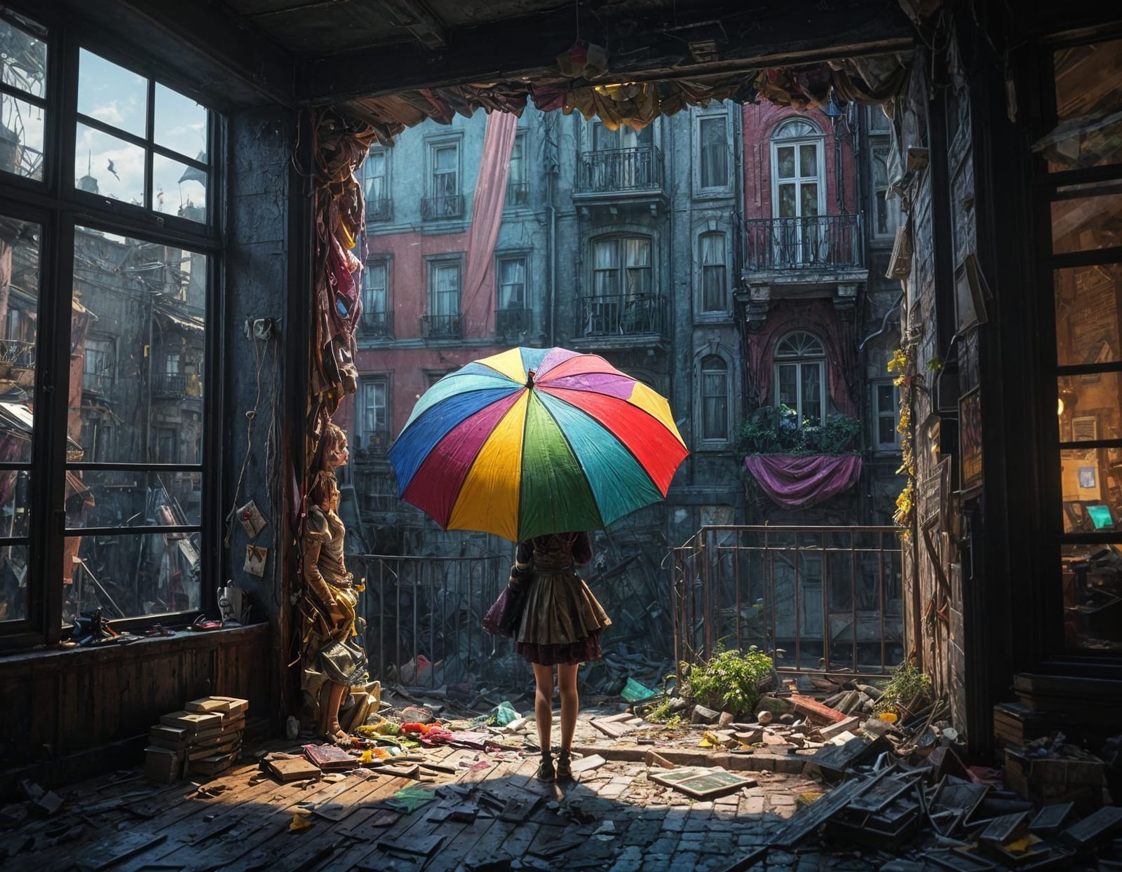 Cartoon Girl Confronts Wrecking Ball in Apartment