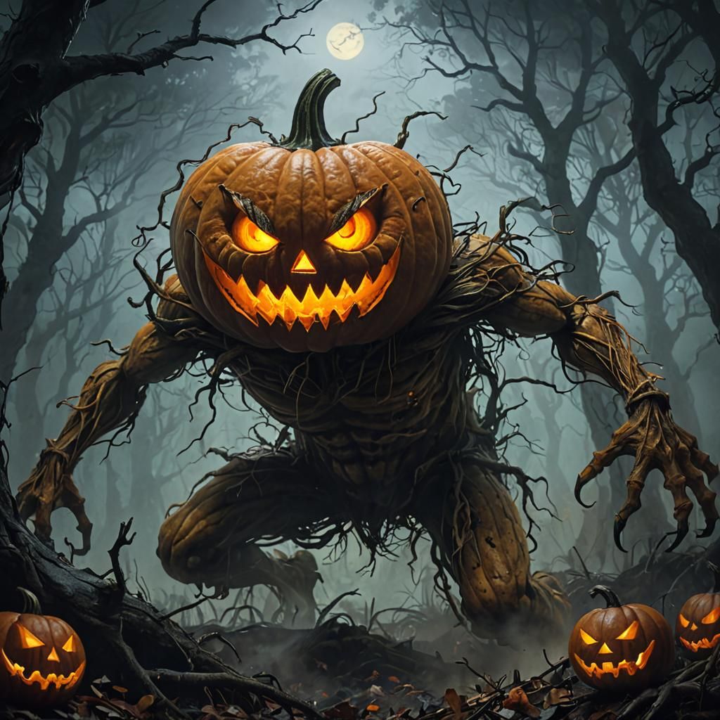 Pumpkin Monster Shambles Through Dark Forest
