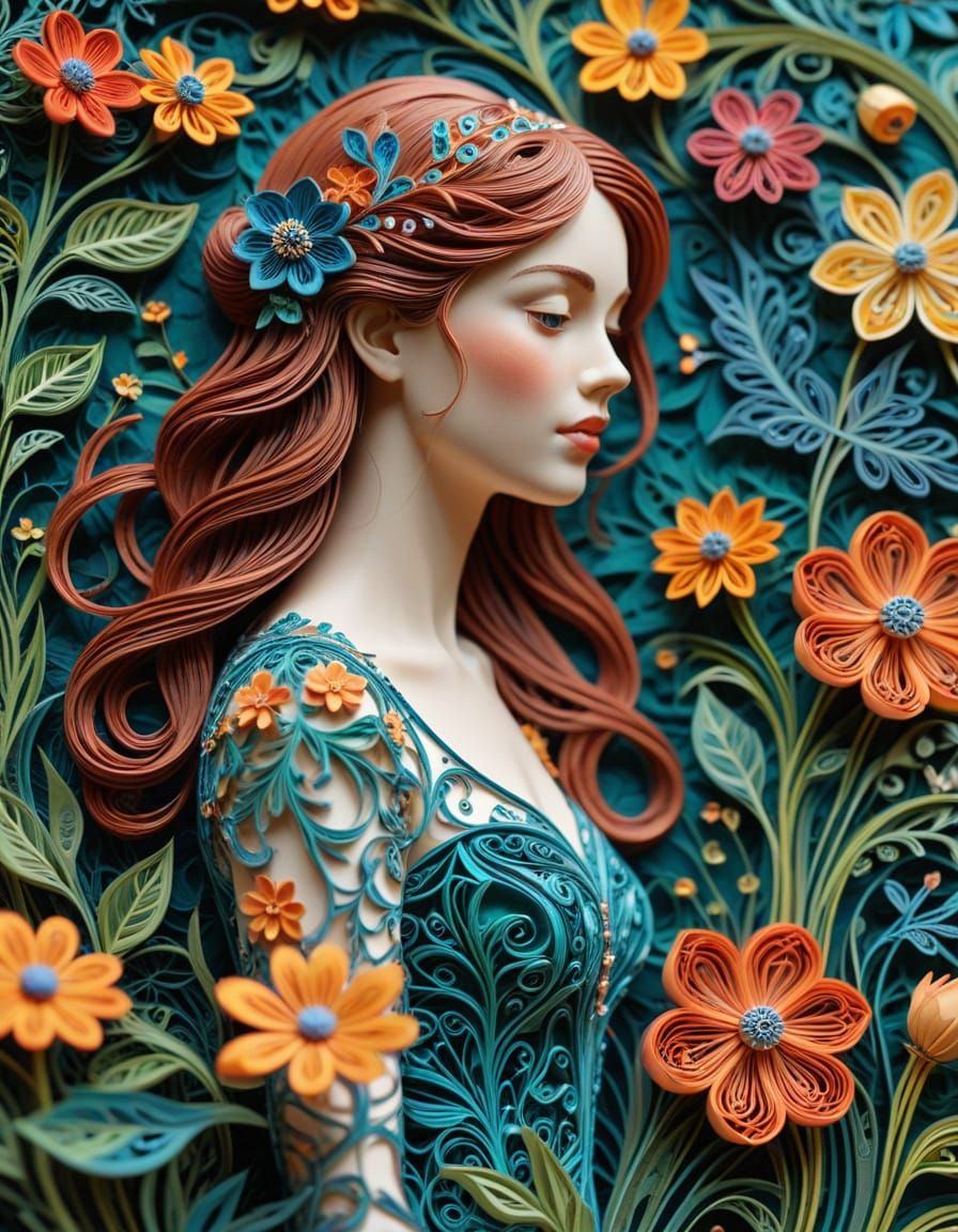 Art Nouveau Woman in Garden with Quilling Details