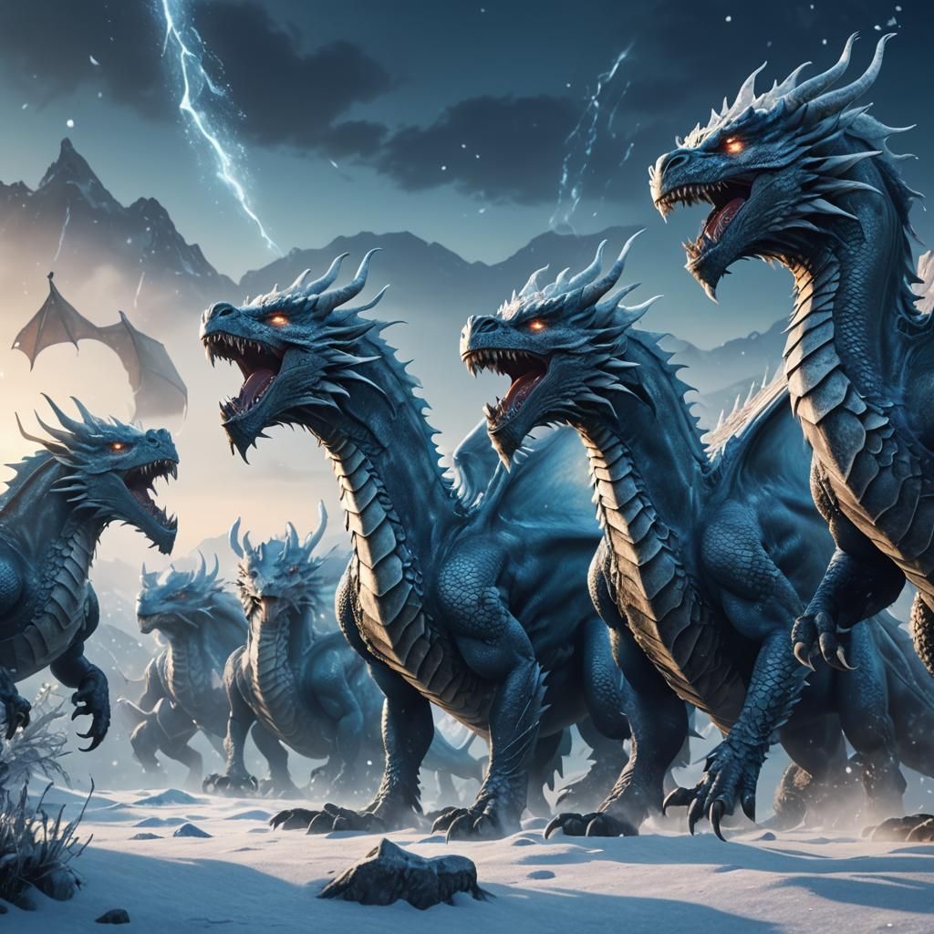 Dragons Spewing Cold Air in Icy Landscape