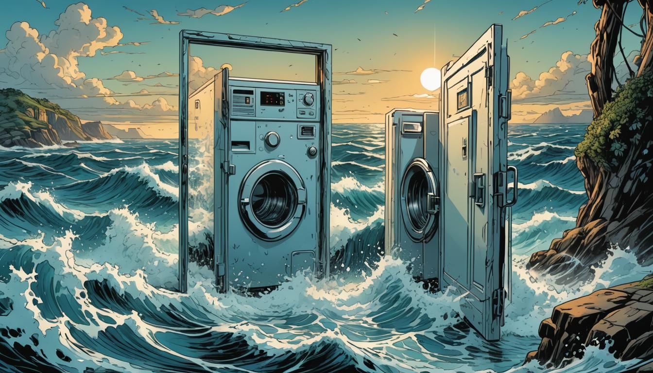 Ocean View Through Washing Machine Door: Comic Book Art