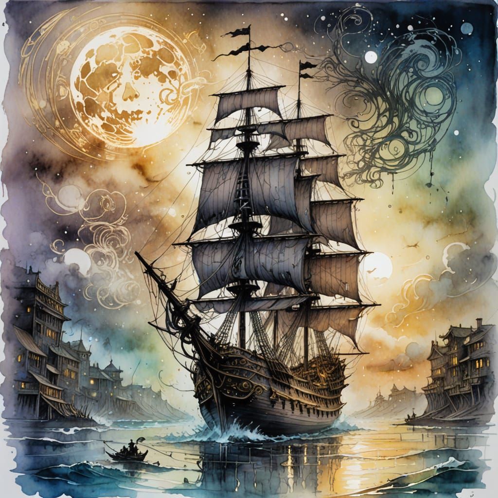 Moonlit Pirate Ship Silhouette in Midst of Swirling Mist